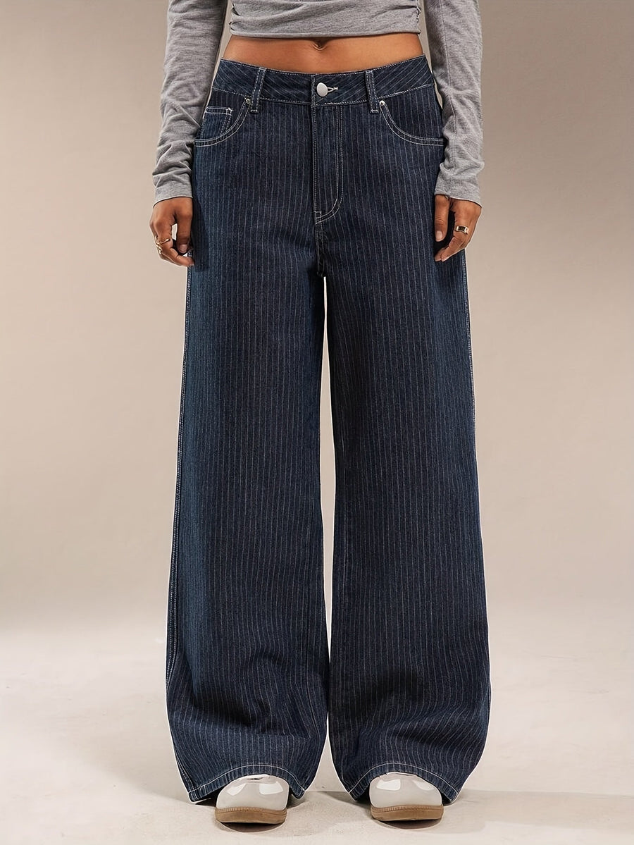 Damen Baggy Jeans dunkelblau mit Nadelstreifen weites Bein