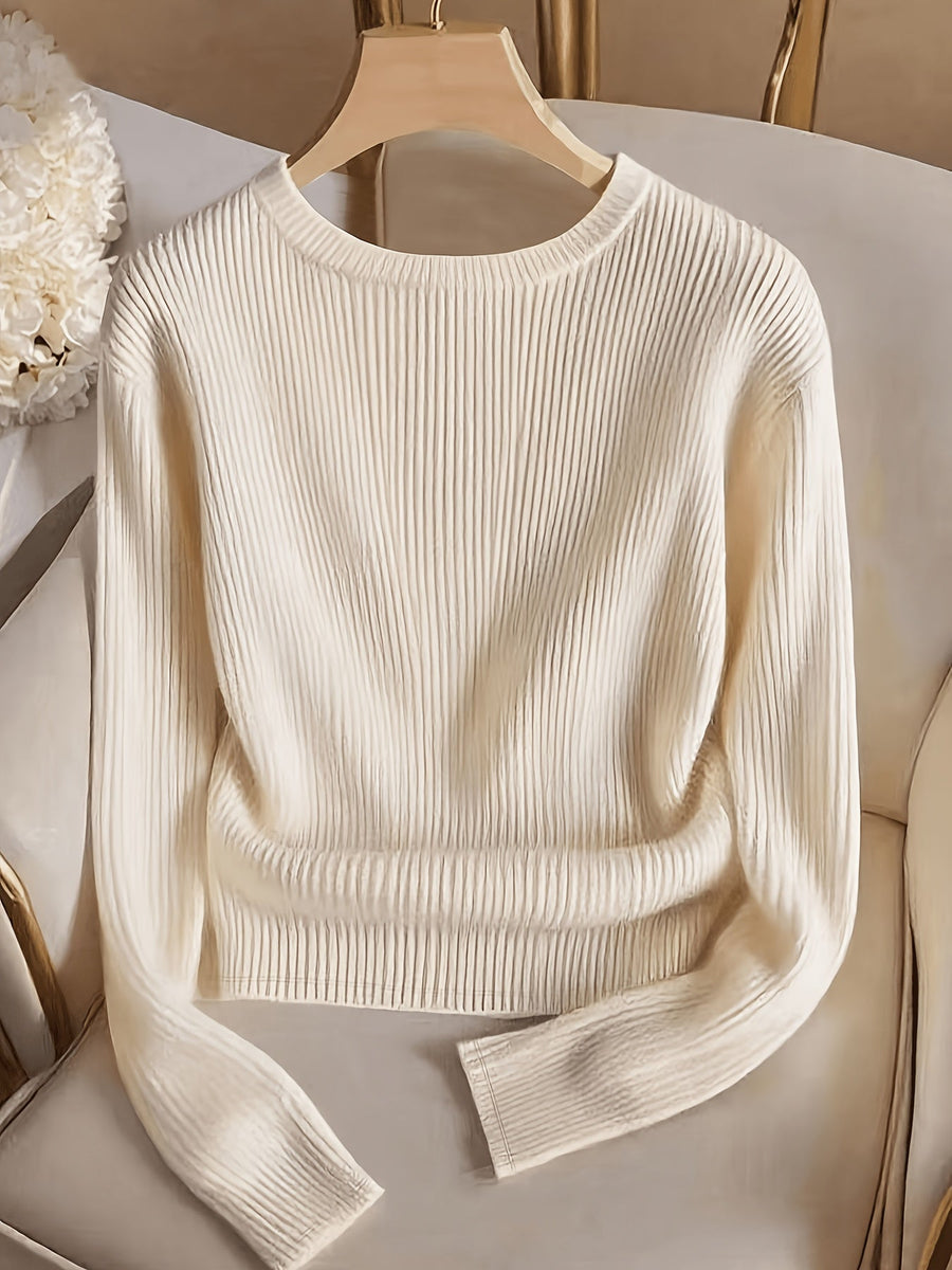 Damen Rippstrick Pullover Rundhalsausschnitt Langarm mit Zierknöpfen