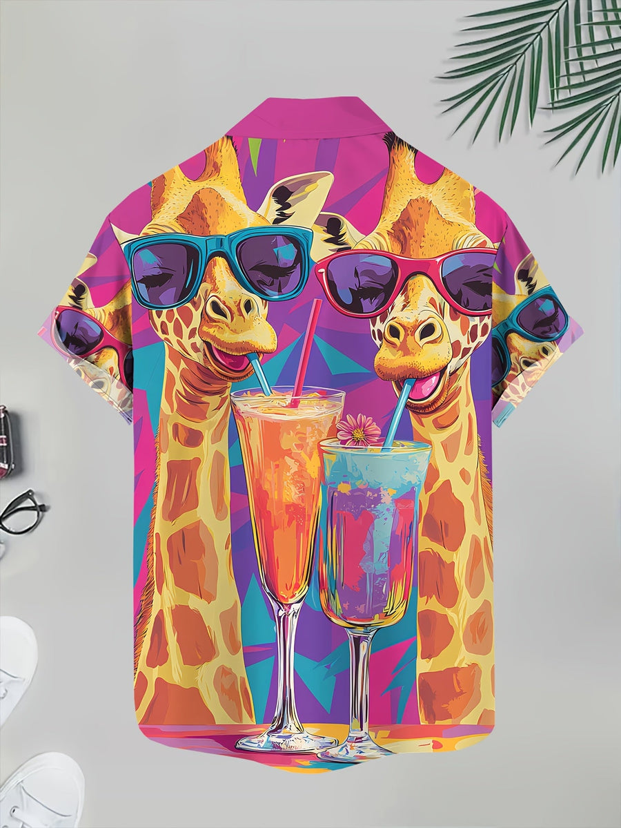 Herren Hawaii Hemd mit Giraffen- und Cocktail-Print – Buntes Sommer-Partyshirt