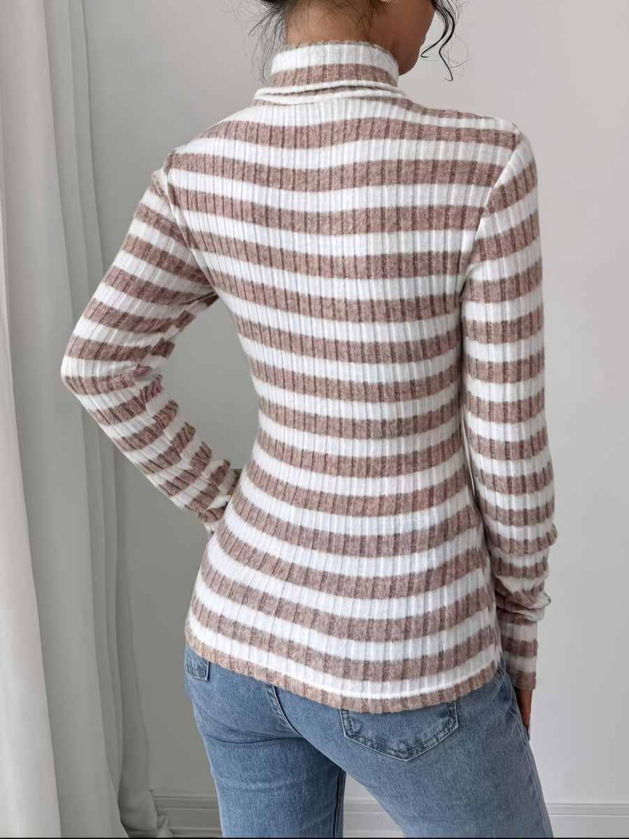 Damen Rollkragenpullover gestreift, Rippstrick, Langarm