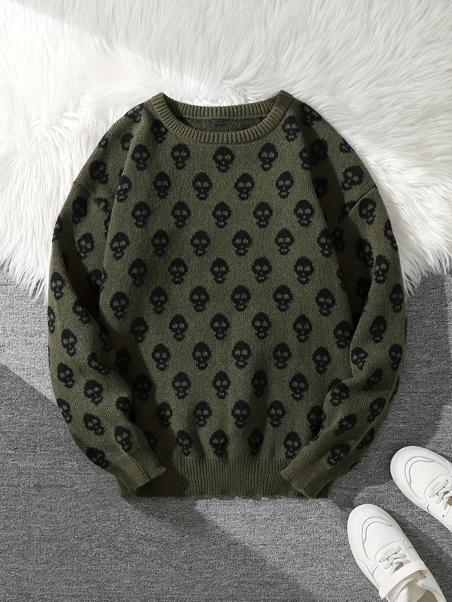 Unisex Strickpullover mit Rundhalsausschnitt und Totenkopfmuster