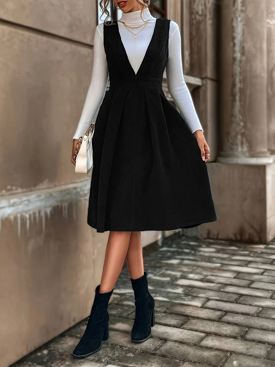 Damen Latzkleid Kord Midi Tief V-Ausschnitt Dunkelblau