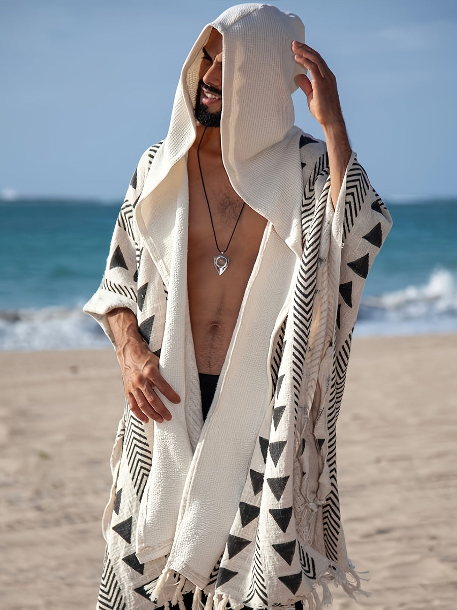 Herren Boho Poncho mit Kapuze und geometrischem Muster – Strand & Festival Überwurf