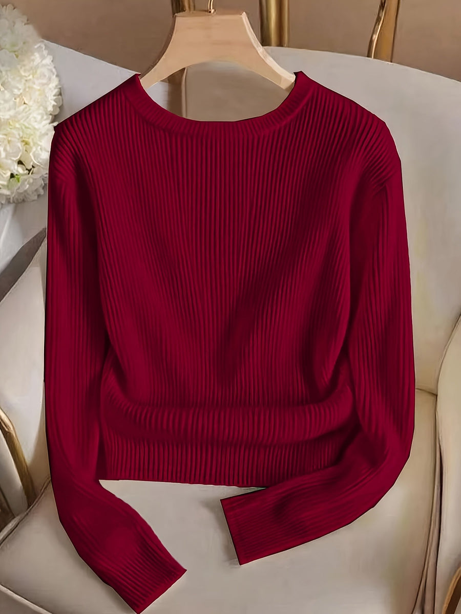 Damen Rippstrick Pullover Rundhalsausschnitt Langarm mit Zierknöpfen