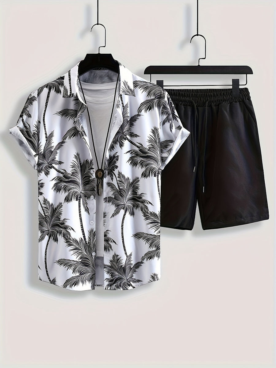 Herren Sommer Freizeit Set – Kurzarm Hemd mit Palmenmuster & Shorts, Perfekt für Urlaub und Strand