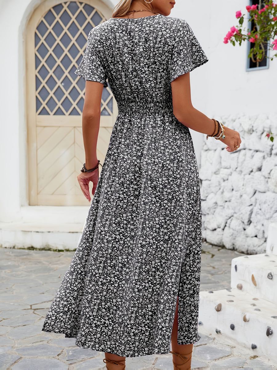 Damen Boho Maxikleid mit V-Ausschnitt und Blumenmuster – Elegantes Sommerkleid für Alltag und Urlaub