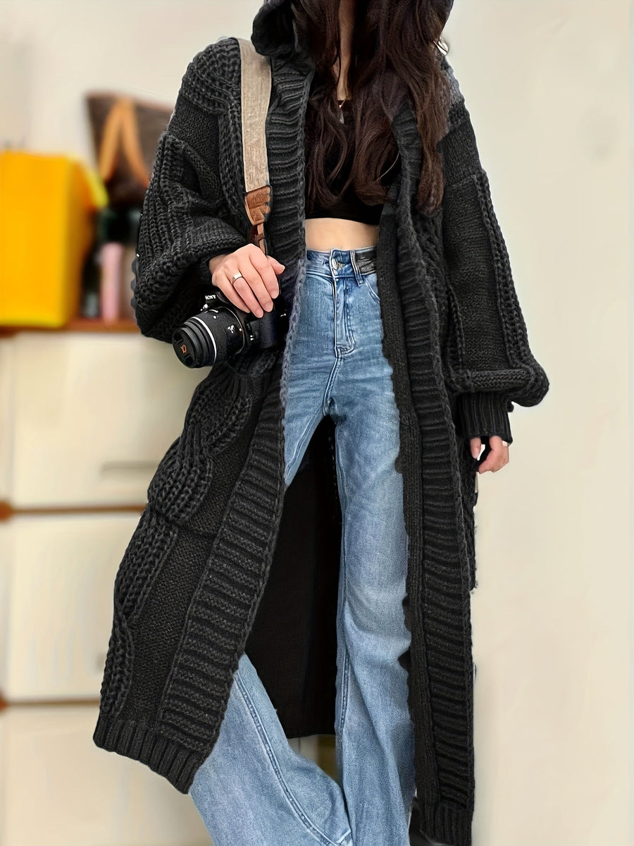 Damen Strickmantel Lang mit Kapuze Zopfmuster Strickjacke Grau