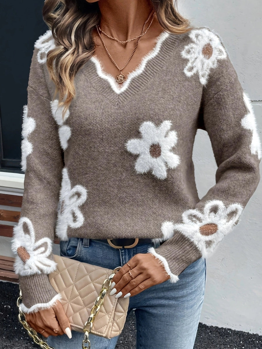 Damen Pullover mit Blumenmuster und verspieltem V-Ausschnitt – Modischer Strickpullover für Alltag und Freizeit