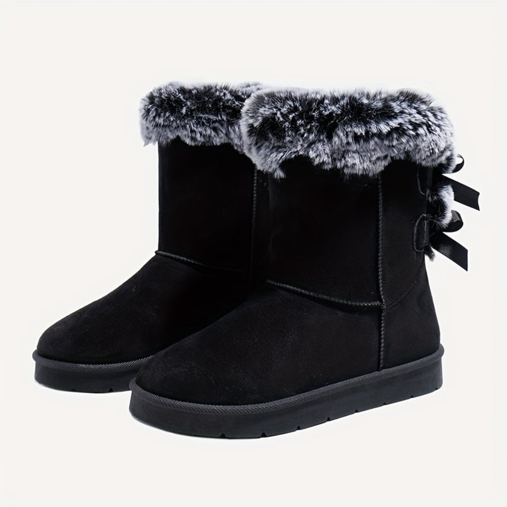 Damen Winterstiefel Wildleder-Optik mit Kunstfellrand und Schleifenverzierung Braun