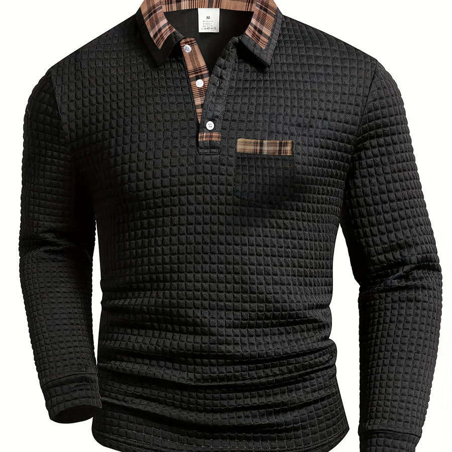 Herren Langarm-Poloshirt Waffelstruktur mit kariertem Kragen und Taschendetail