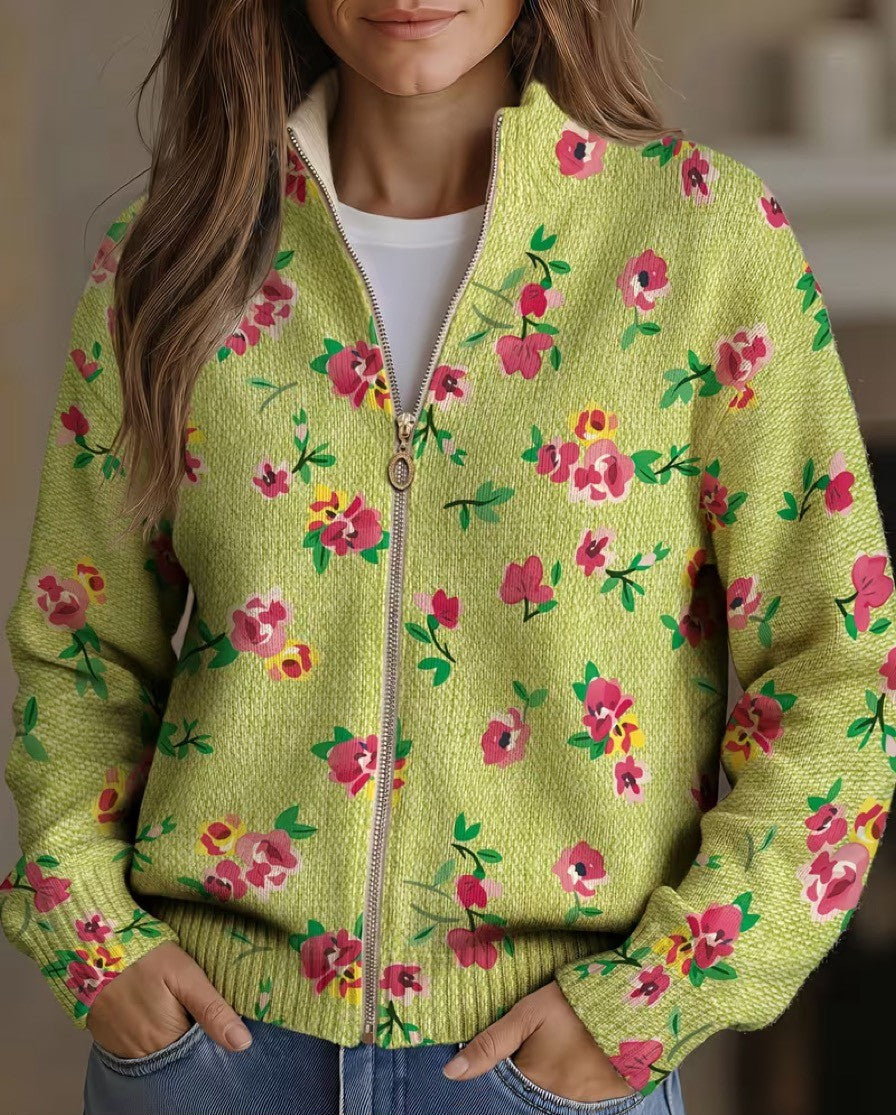 Grüne Blumenmuster Strickjacke mit Reißverschluss für Damen