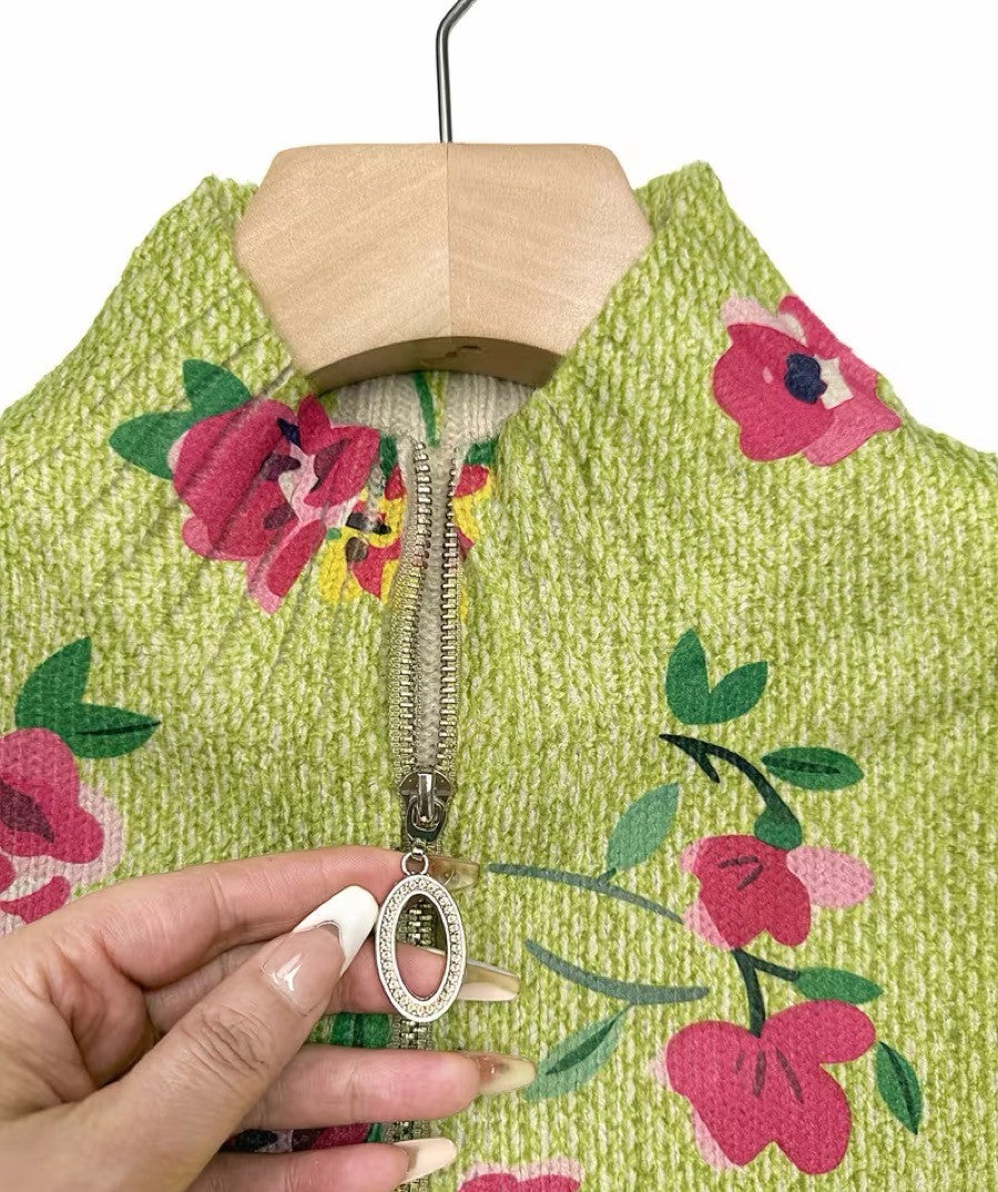 Grüne Blumenmuster Strickjacke mit Reißverschluss für Damen