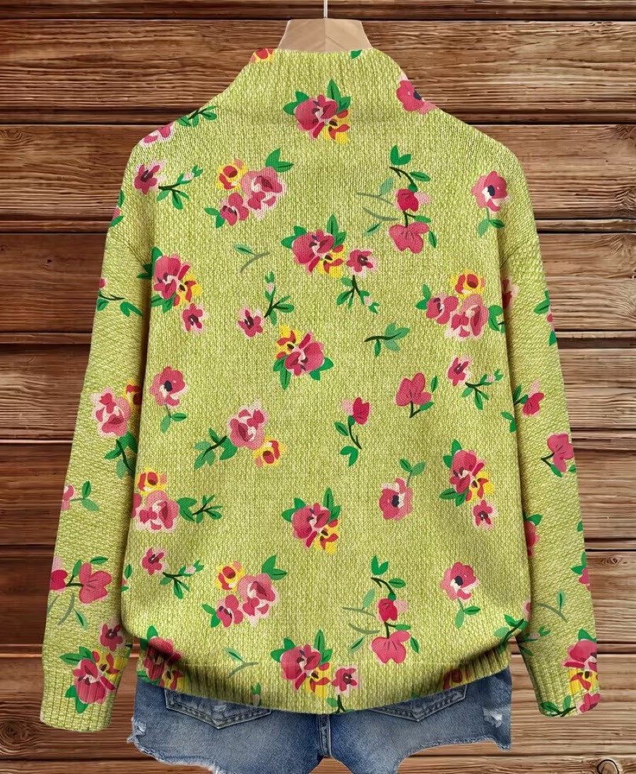 Grüne Blumenmuster Strickjacke mit Reißverschluss für Damen