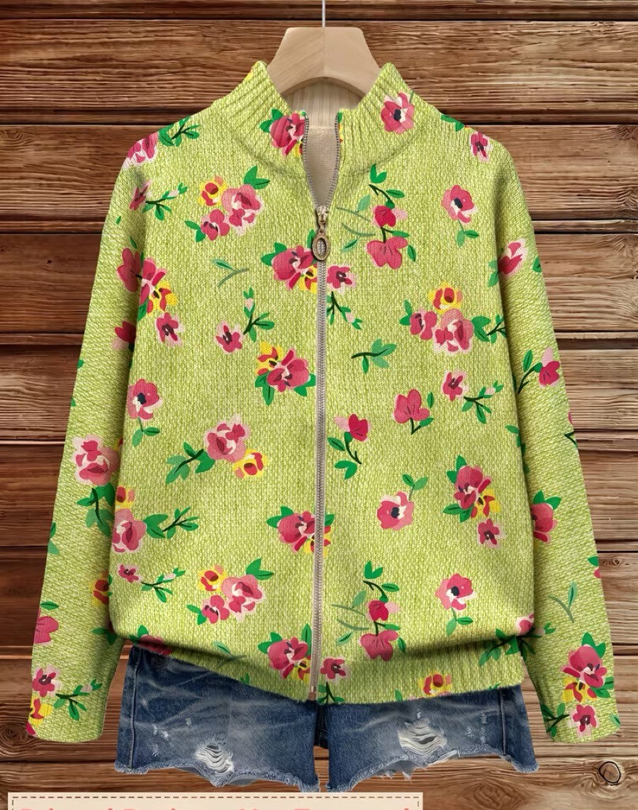 Grüne Blumenmuster Strickjacke mit Reißverschluss für Damen