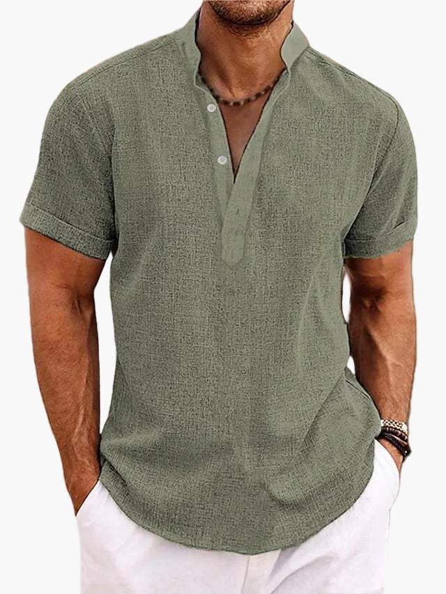 Herren Sommer Veganes Leinenhemd Kurzarm Henley für Freizeit und Urlaub
