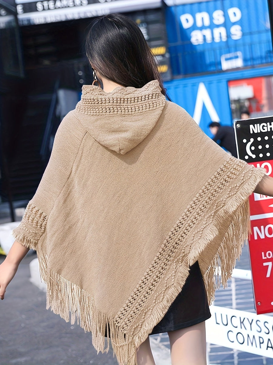 Damen Poncho mit Kapuze, gestrickt, mit Fransen – Einheitsgröße