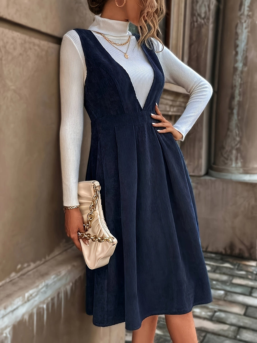 Damen Latzkleid Kord Midi Tief V-Ausschnitt Dunkelblau