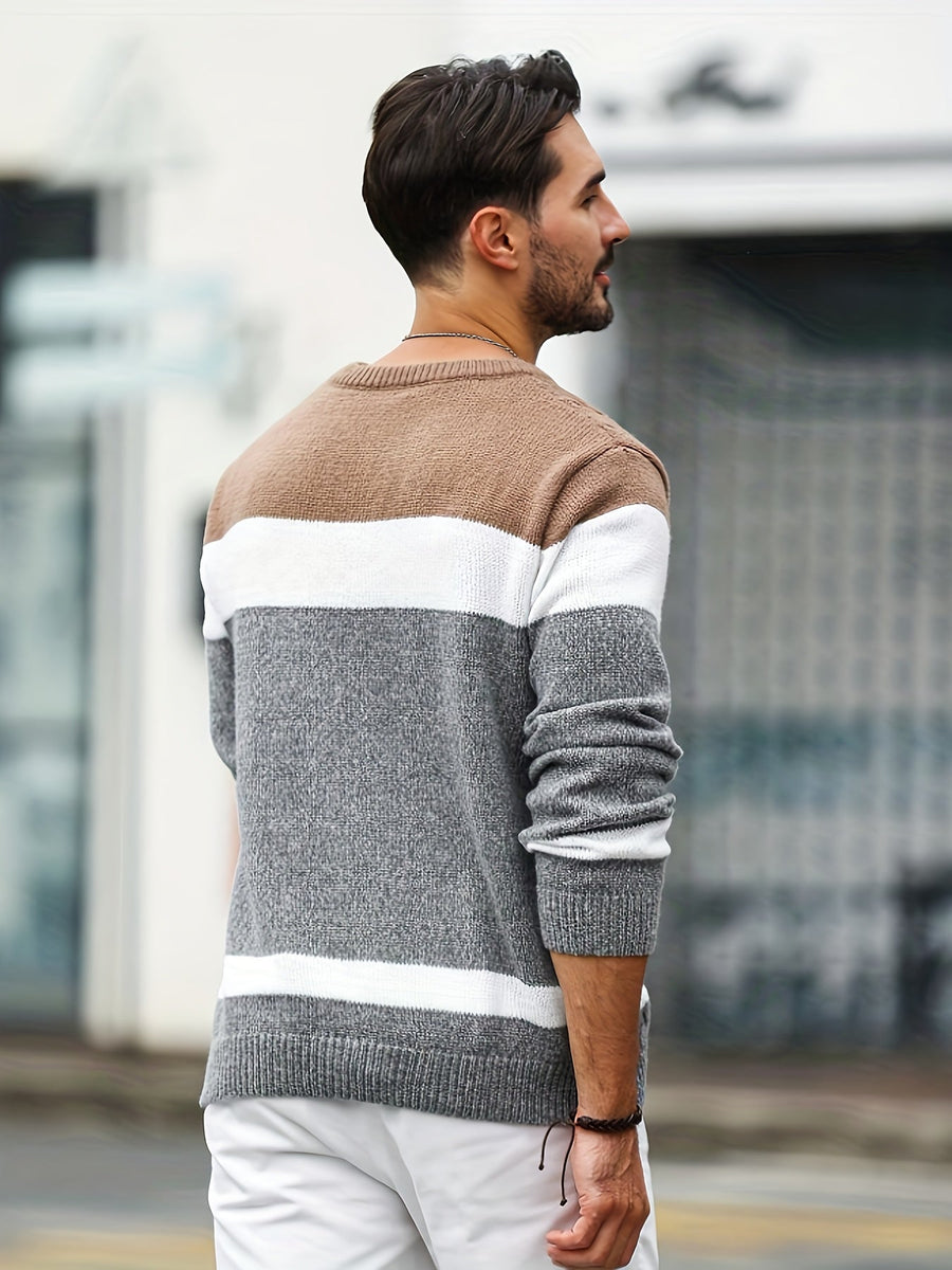 Herren Strickpullover Rundhals Zopfmuster Mehrfarbig Gestreift