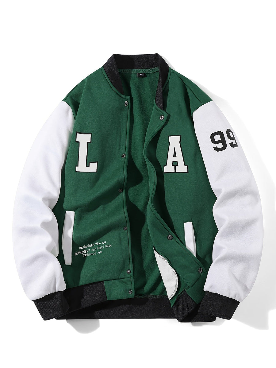 College Jacke Unisex mit Kontrastärmeln Druckknopfverschluss und Schriftzug
