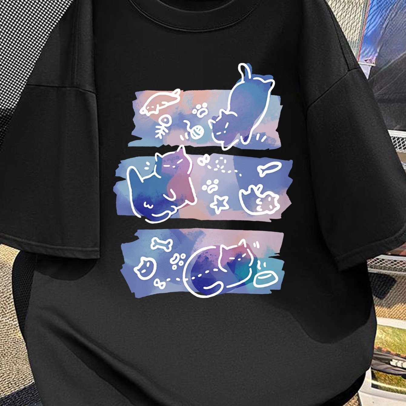 Damen Oversize T-Shirt mit künstlerischem Katzen-Print – Verspieltes Design für Katzenliebhaberinnen