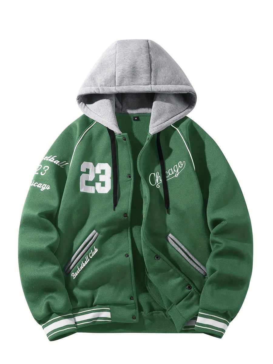 Unisex Kapuzen Sweatshirt Jacke mit Knopfleiste Varsity Style