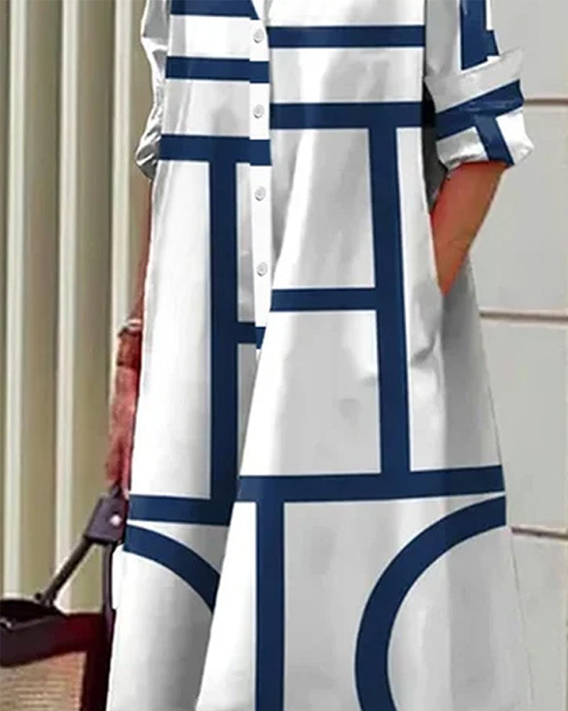 Damen Shirtkleid mit geometrischem Muster und Taschen – Lässiger, moderner Stil für Alltag und Büro