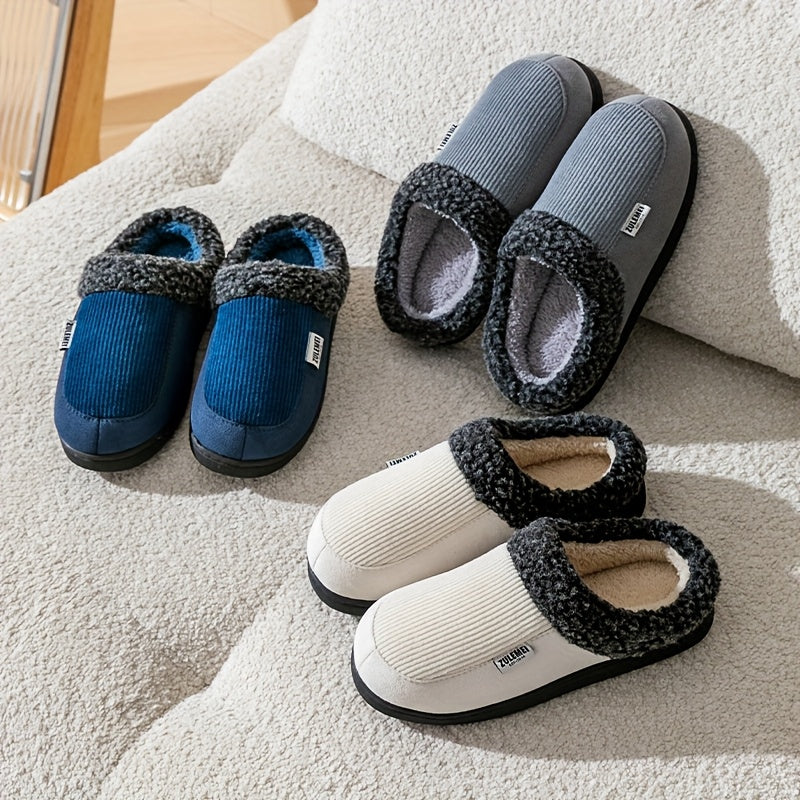 Unisex Winter Hausschuhe gerippt mit Plüschfutter in Blau, Grau, Beige
