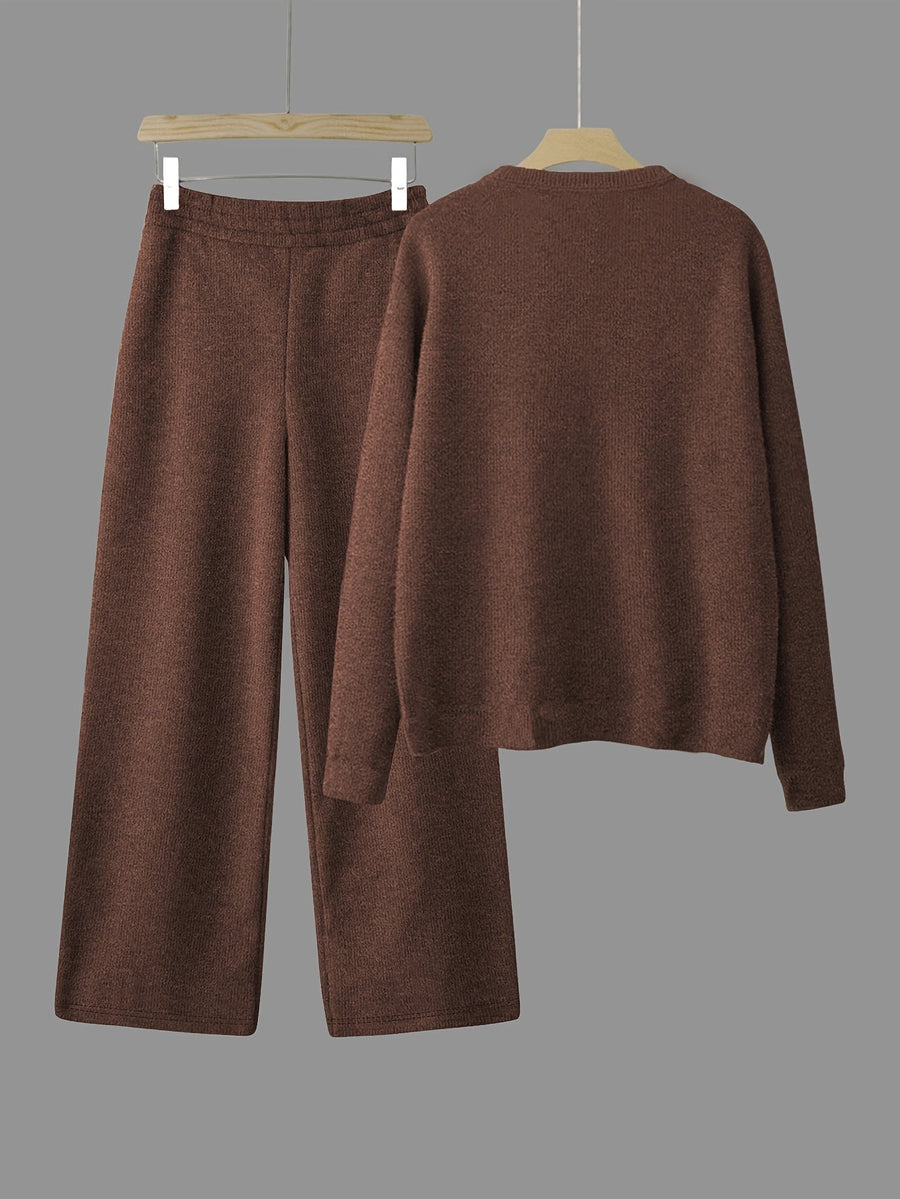 Damen Loungewear Set Braun mit Pferde-Stickerei, Pullover & Weite Hose