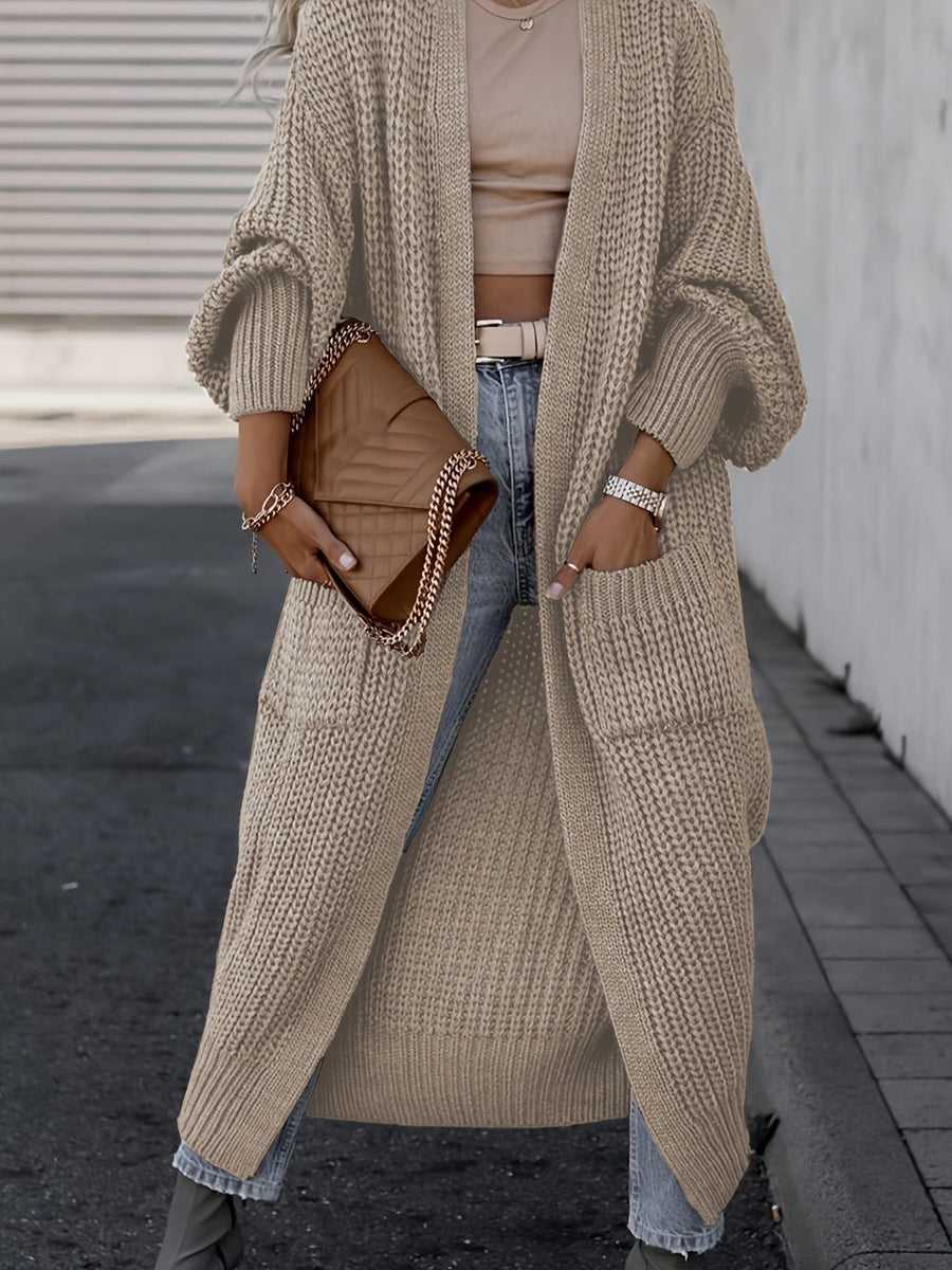 Damen Grobstrick Cardigan Lang Offen Strickjacke mit Taschen