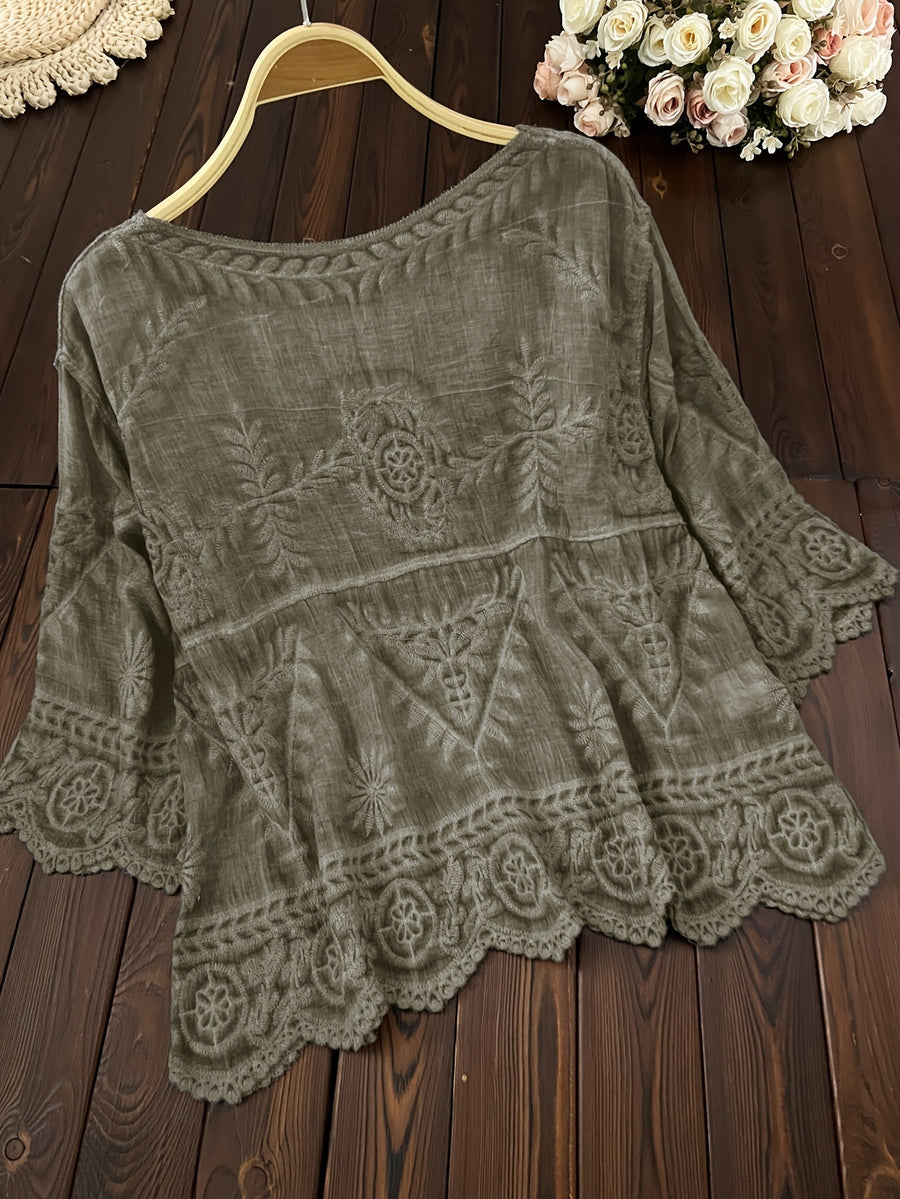 Damen Bluse Stickerei Knopfleiste V-Ausschnitt Tunika Oberteil Langarm Blusen