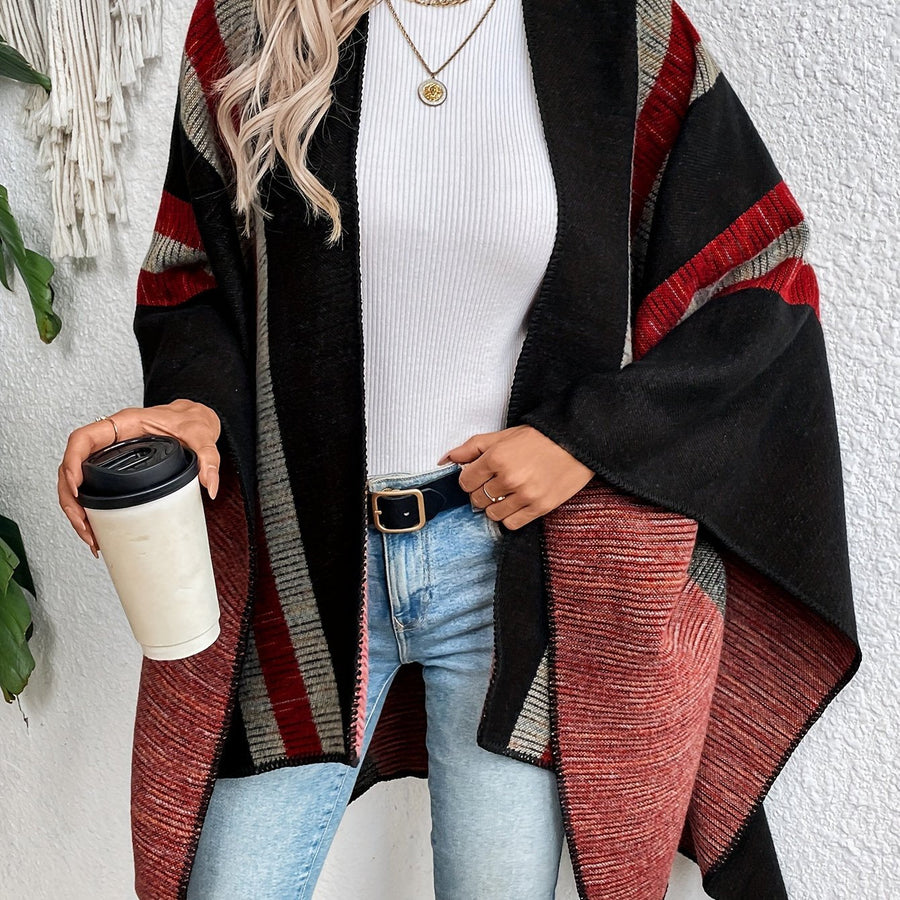 Damen Poncho Cape mit offenem Vorderteil und geometrischem Muster – Boho Stil für Alltag und Freizeit