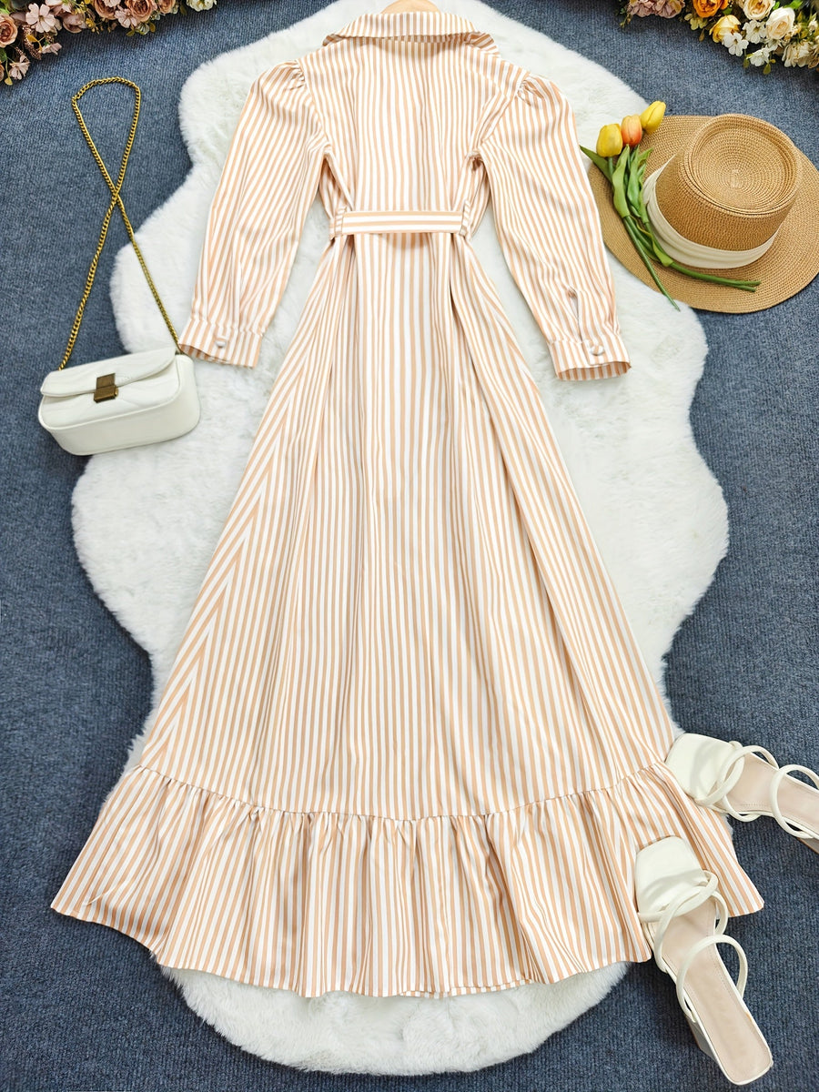Damen Maxikleid Gestreift Creme Braun Hemdblusenstil Langarm mit Gürtel