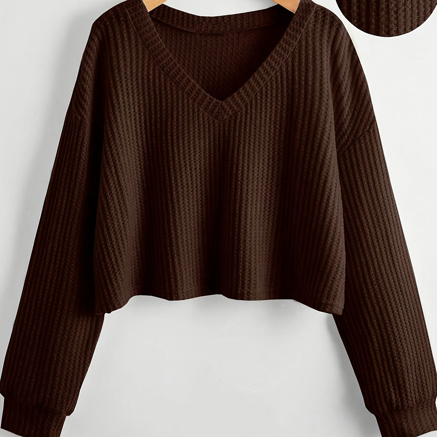 Damen Crop Top Strickpullover V-Ausschnitt Waffelstruktur Langarm