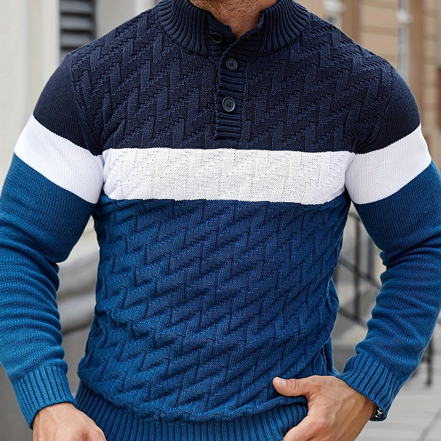 Herren Strickpullover mit Stehkragen und Knopfleiste, Farbblock Design