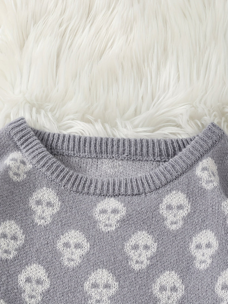 Unisex Strickpullover mit Rundhalsausschnitt und Totenkopfmuster