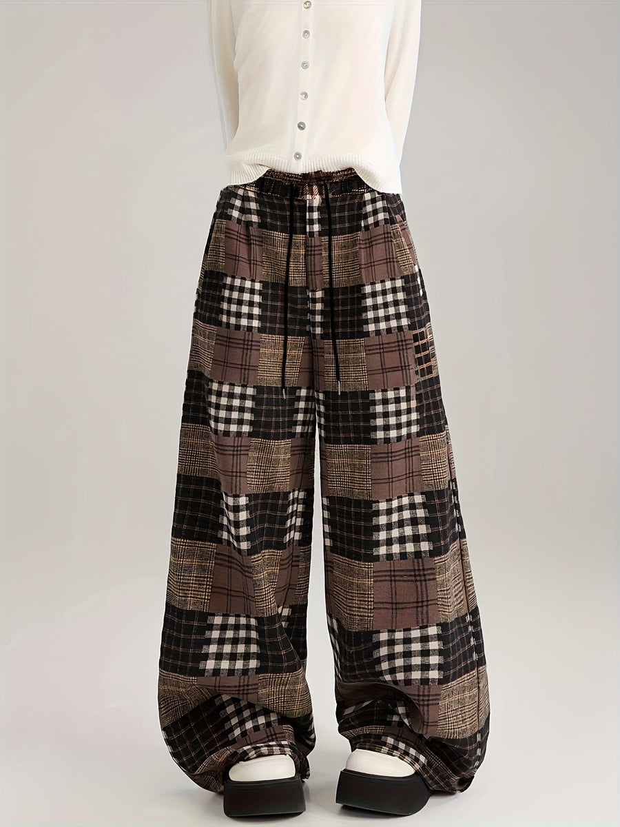 Damen Weite Hose Karomuster Patchwork Braun Schwarz Warm Gefüttert