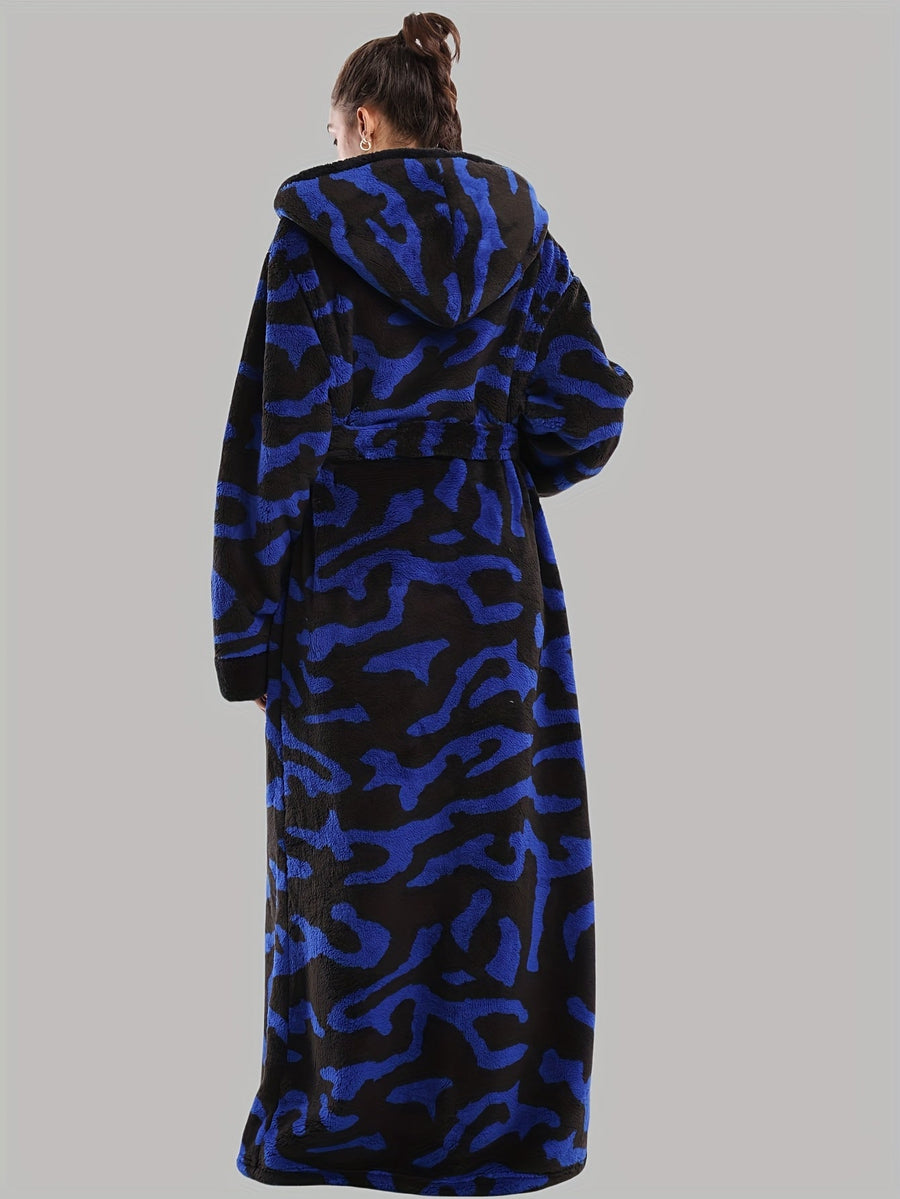 Damen Bademantel mit Kapuze Leo-Muster Flauschig Lang
