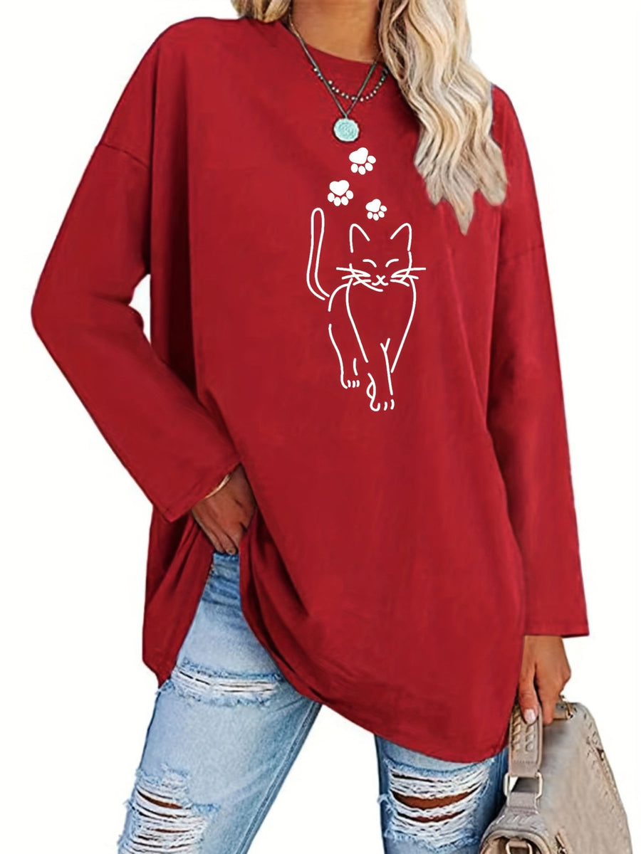 Damen Oversize Langarmshirt mit Katzenmotiv und Pfotenabdrücken
