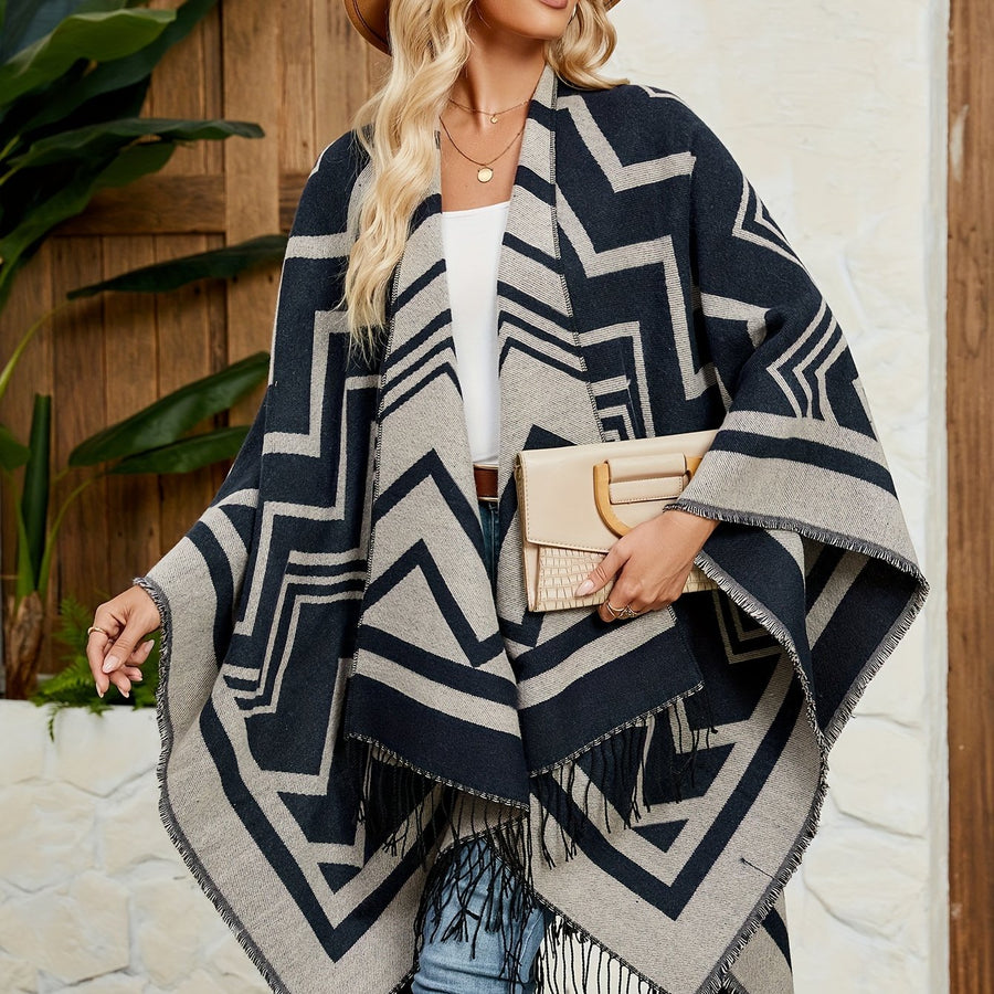 Damen Poncho Cape mit offenem Vorderteil und geometrischem Muster – Boho Stil für Alltag und Freizeit