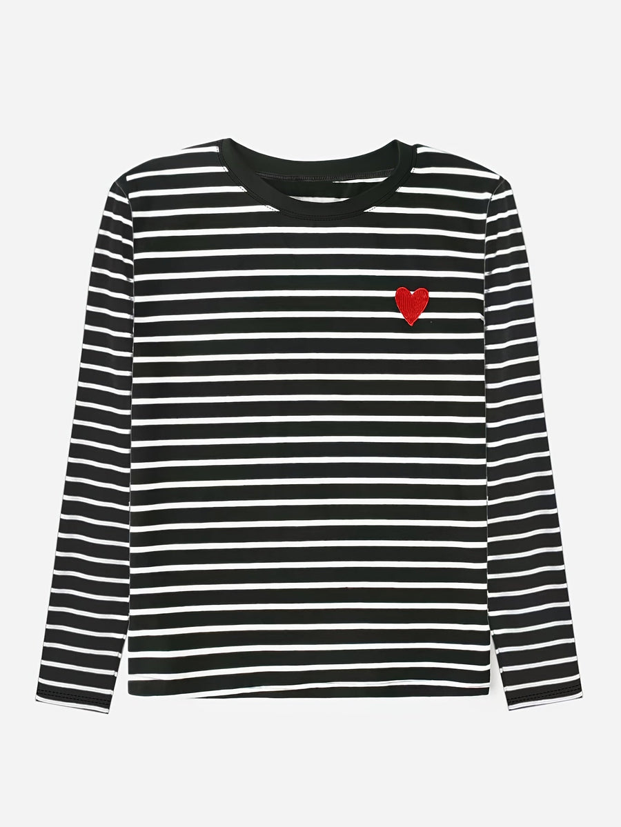 Langarmshirt Damen gestreift mit rotem Herz-Patch Schwarz Weiß