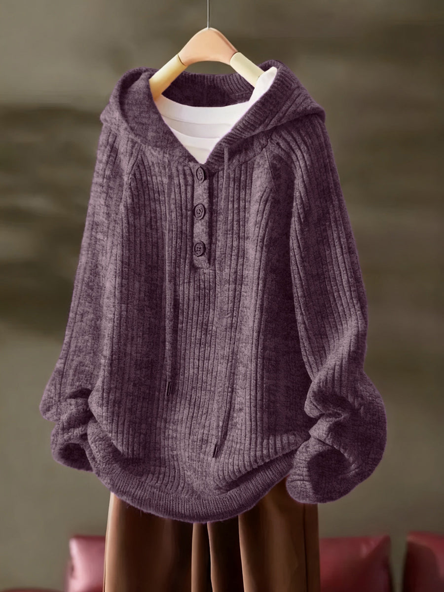 Gerippter Kapuzenpullover mit Knopfleiste