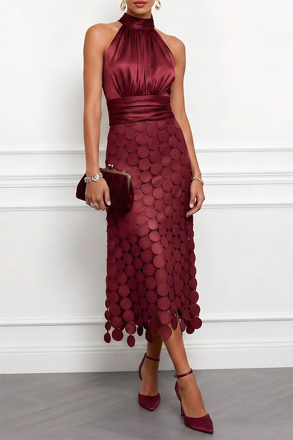 Damen Halter Neck Cocktailkleid mit Rüschen und Kreismuster