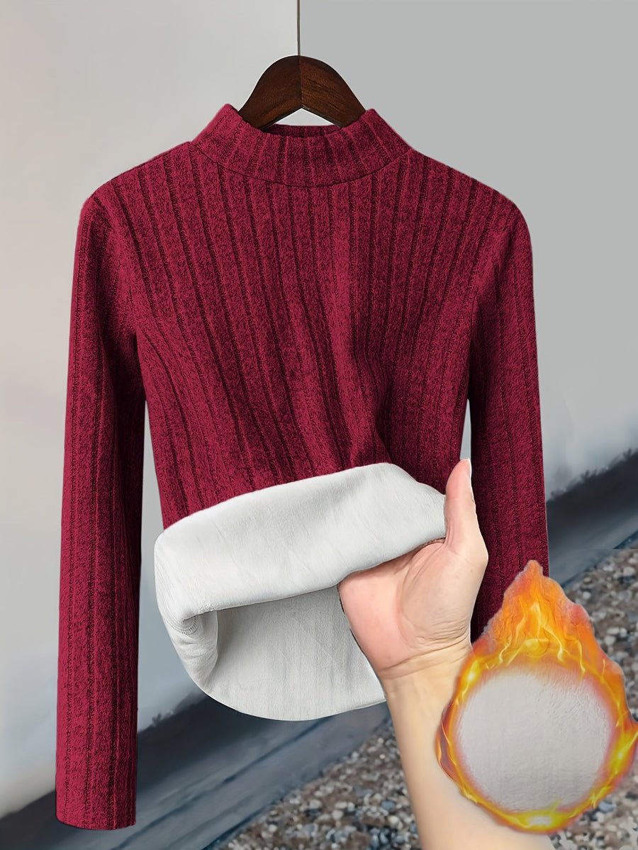 Gerippter Damen Pullover mit hohem Kragen und warmem Fleecefutter, Langarm, Slim Fit