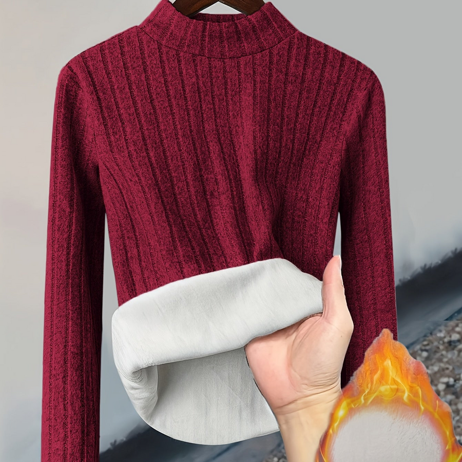 Gerippter Damen Pullover mit hohem Kragen und warmem Fleecefutter, Langarm, Slim Fit