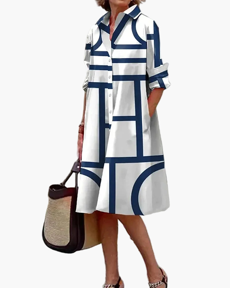 Damen Shirtkleid mit geometrischem Muster und Taschen – Lässiger, moderner Stil für Alltag und Büro