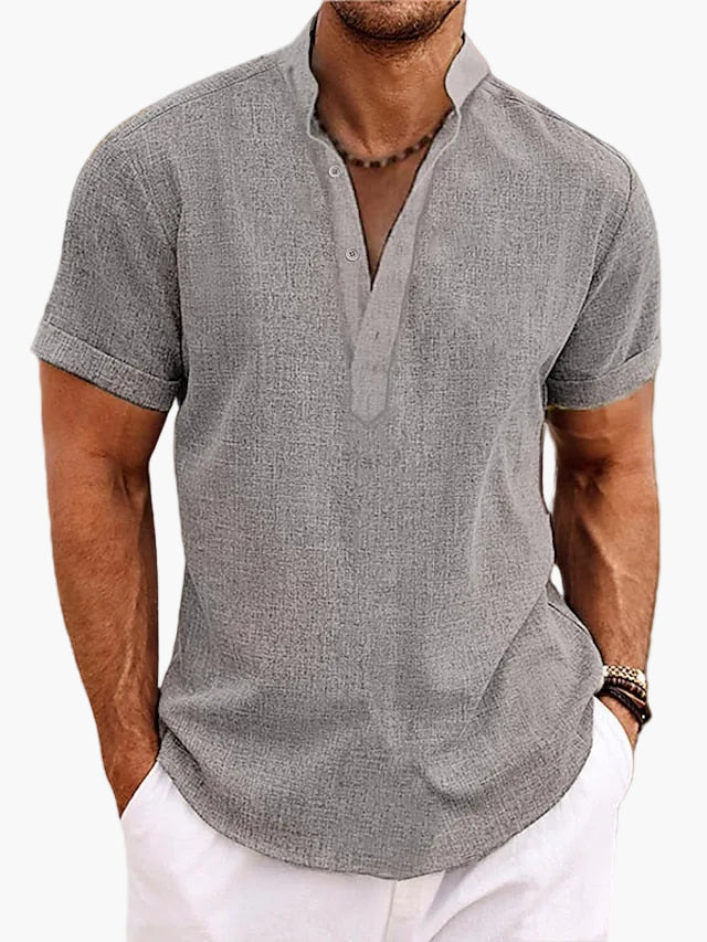 Herren Sommer Veganes Leinenhemd Kurzarm Henley für Freizeit und Urlaub