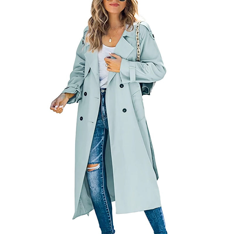 Damen Trenchcoat Lang Zweireihig mit Gürtel in Hellgrau