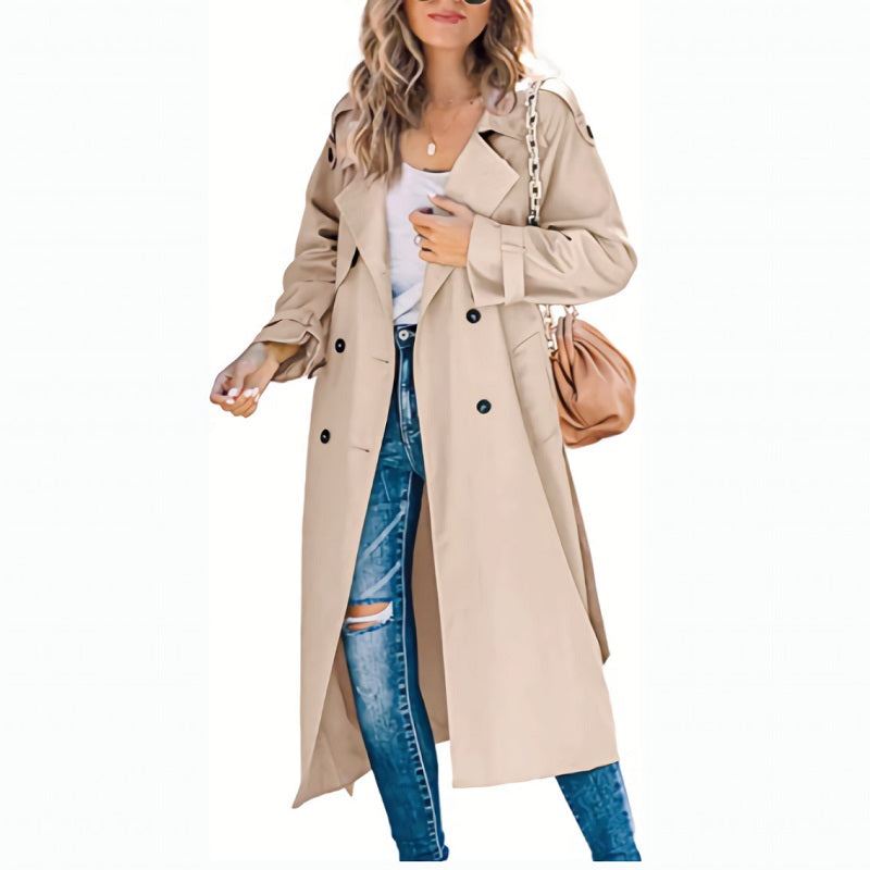 Damen Trenchcoat Lang Zweireihig mit Gürtel in Hellgrau