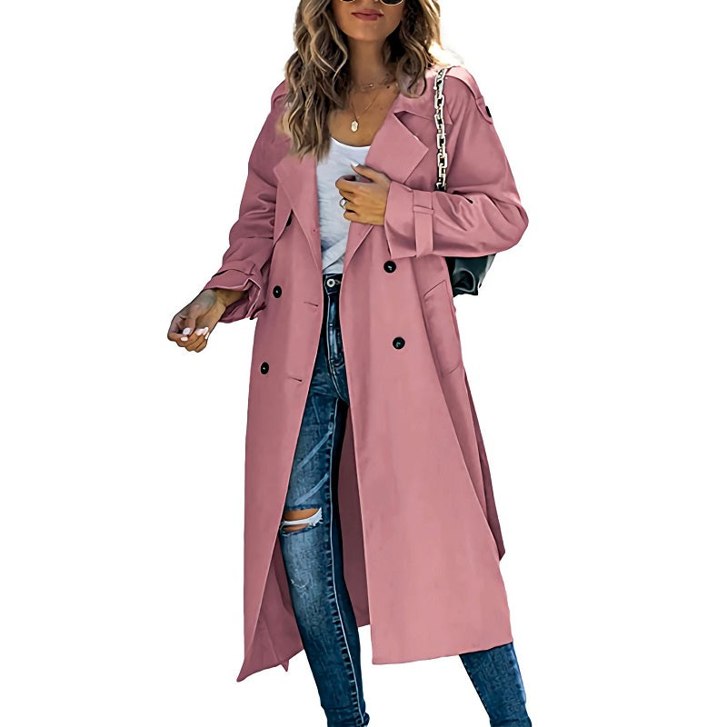 Damen Trenchcoat Lang Zweireihig mit Gürtel in Hellgrau