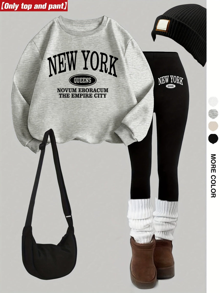 Damen Trainingsanzug Set Sweatshirt & Leggings New York Queens Print Schwarz
